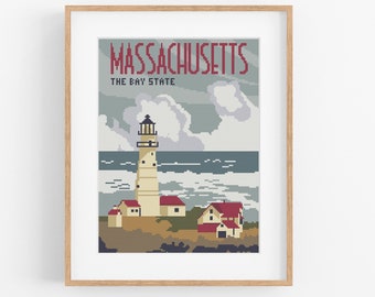 Vintage Travel 'Massachusetts' Cross Stitch Pattern - Vintage Style Lighthouse Cross Stitch Pattern PDF Instant Download. Coastal MA Pattern