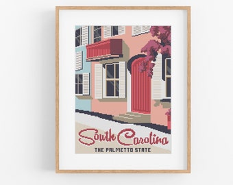 Patrón de punto de cruz de viaje vintage de Carolina del Sur - Patrón de punto de cruz SC de estilo vintage PDF Descarga instantánea. Punto De Cruz Charlestón