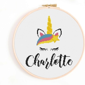Unicorn Name Sign Cross Stitch - Unicorn Cross Stitch Pattern with free Calligraphy Alphabet - Girl&#39;s Name Cross Stitch Pattern PDF Download