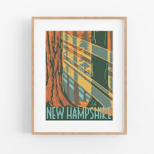 Vintage Travel New Hampshire Cross Stitch Pattern - Vintage Style NH State Forest Cross Stitch Pattern Instant Download. Vintage Travel Art