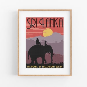 Vintage Travel Sri Lanka Cross Stitch Pattern - Elephant Cross Stitch Pattern PDF Instant Download. Vintage Travel Sri Lankan Poster.