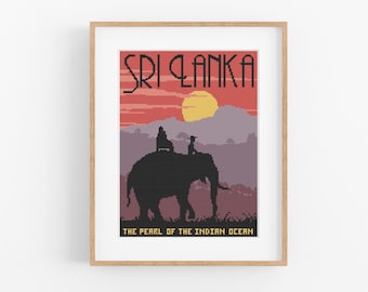 Vintage Travel Sri Lanka Cross Stitch Pattern - Elephant Cross Stitch Pattern PDF Instant Download. Vintage Travel Sri Lankan Poster.