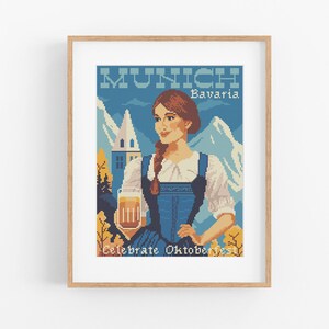 Könnte beinhalten: Ein Vintage-Reiseposter mit einer Frau in traditioneller bayerischer Tracht, die ein Bierkrug hält. Das Poster lautet "München, Bayern. Feiern Sie das Oktoberfest."