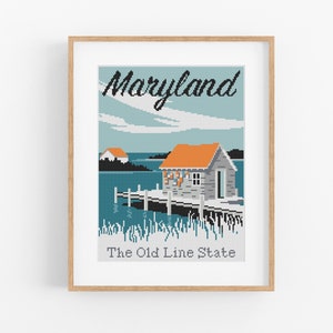 Vintage Travel Maryland Cross Stitch Pattern - Vintage Style MD Cross Stitch Pattern PDF Instant Download. US States Cross Stitch Patterns