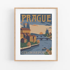 May include: A vintage-style travel poster with a pixelated illustration of Prague, Czech Republic. The poster features a cityscape with buildings, a bridge, and a river. The text "PRAGUE" is in large, bold letters at the top of the poster, and the text "CZECH REPUBLIC" is at the bottom.