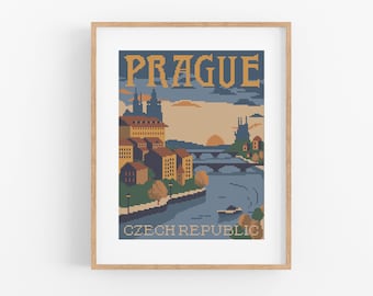 Vintage Travel Prague Cross Stitch Pattern - Vintage Style Czechia Cross Stitch Pattern PDF Instant Download. Vintage Travel Czech Republic