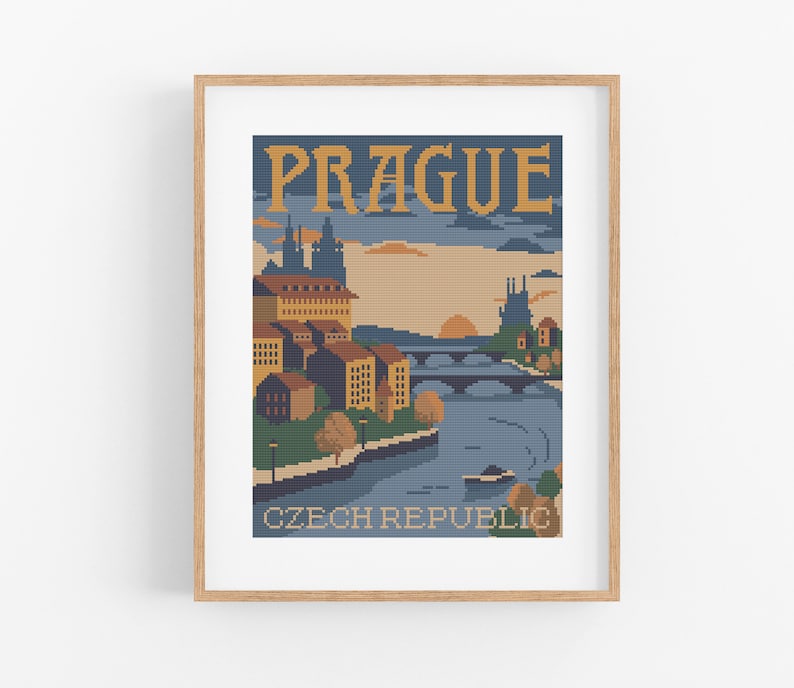 May include: A vintage-style travel poster with a pixelated illustration of Prague, Czech Republic. The poster features a cityscape with buildings, a bridge, and a river. The text "PRAGUE" is in large, bold letters at the top of the poster, and the text "CZECH REPUBLIC" is at the bottom.