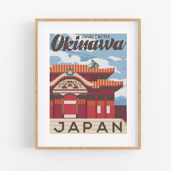 以下が含まれることがあります： 沖縄の首里城を描いた、ヴィンテージスタイルの旅行ポスター。ポスターは、白い雲のある青い空と、茶色の文字で「沖縄」と「首里城」と書かれている。ポスターの下部には、茶色の文字で「日本」と書かれている。