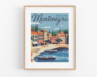 Vintage Travel Montenegro Cross Stitch Pattern - Vintage Style Budva Cross Stitch Pattern PDF Instant Download. Vintage Kotor Bay Pattern