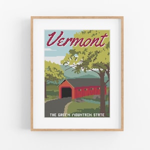 Vintage Travel Vermont Cross Stitch Pattern - Vintage Style VT Cross Stitch Pattern Instant Download. Vintage Travel Art of Vermont State