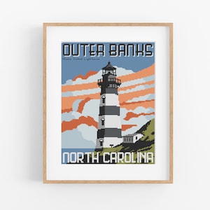 May include: A vintage-style poster featuring a black and white striped lighthouse with a red roof against a blue sky with orange clouds. The text "OUTER BANKS" and "Bodie Island Lighthouse" is at the top of the poster. The text "NORTH CAROLINA" is at the bottom of the poster.