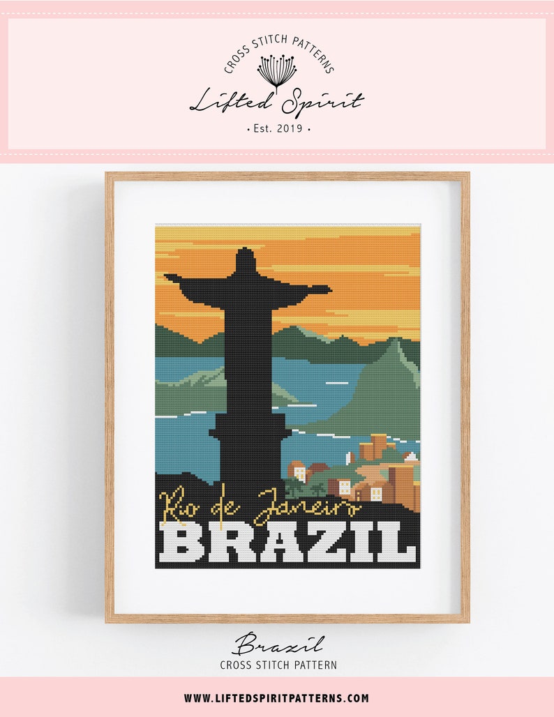 Vintage Travel Brazil Cross Stitch Pattern - Rio de Janeiro Cross Stitch Pattern PDF Instant Download. Christ the Redeemer Cross Stitch image 3