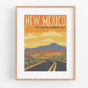Vintage Travel 'New Mexico' Cross Stitch Pattern - Vintage Style Cross Stitch Pattern PDF Instant Download. New Mexico Desert Cross Stitch