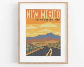 Vintage Travel 'New Mexico' Cross Stitch Pattern - Vintage Style Cross Stitch Pattern PDF Instant Download. New Mexico Desert Cross Stitch