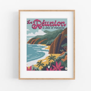 Patrón de punto de cruz Vintage Travel Reunion Island - Patrón de punto de cruz francés PDF Descarga instantánea. La Reunión Isla del Océano Índico
