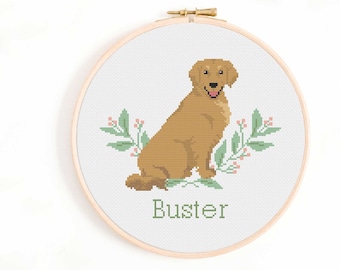 Golden Retriever Cross Stitch Pattern - Personalise Your Own Dog Nameplate Pattern PDF Instant Download. Golden Retriever Cross Stitch