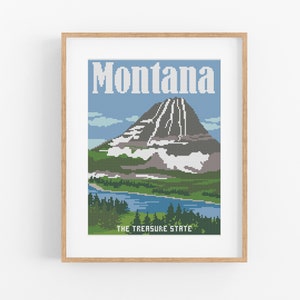 Vintage Travel Montana Cross Stitch Pattern - Vintage Style Montana Cross Stitch Pattern Instant Download. Glacier Peak Vintage Travel Art