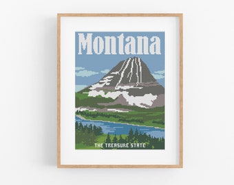 Vintage Travel Montana Cross Stitch Pattern - Vintage Style Montana Cross Stitch Pattern Instant Download. Glacier Peak Vintage Travel Art