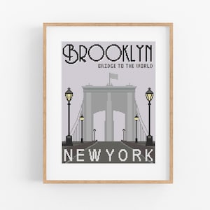 Vintage Travel 'Brooklyn' Cross Stitch Pattern - Vintage Style NYC Cross Stitch Pattern PDF Instant Download. Brooklyn Bridge Pattern