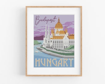 Vintage Travel Hungary Cross Stitch Pattern - Budapest Cross Stitch Pattern PDF Instant Download. Europe Cross Stitch Pattern
