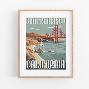 Vintage Travel &#39;San Francisco, California&#39; Cross Stitch Pattern - Vintage Style Cross Stitch Pattern PDF . Golden Gate Bridge Cross Stitch