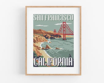 Vintage Travel 'San Francisco, California' Cross Stitch Pattern - Vintage Style Cross Stitch Pattern PDF . Golden Gate Bridge Cross Stitch