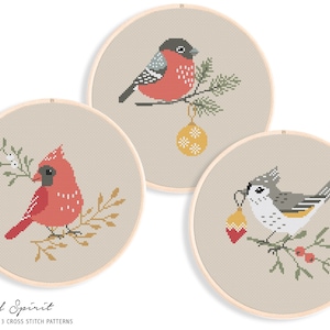 Set of 3 Cross Stitch Patterns - Winter Birds Cross Stitch Pattern. Birdwatcher Cross Stitch Chart / Christmas Cross Stitch PDF Birds