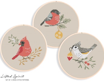 Set of 3 Cross Stitch Patterns - Winter Birds Cross Stitch Pattern. Birdwatcher Cross Stitch Chart / Christmas Cross Stitch PDF Birds