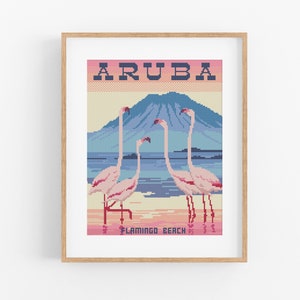 Vintage Travel Aruba Cross Stitch Pattern - Caribbean Cross Stitch Pattern PDF Instant Download. Flamingo Beach Island Cross Stitch Pattern