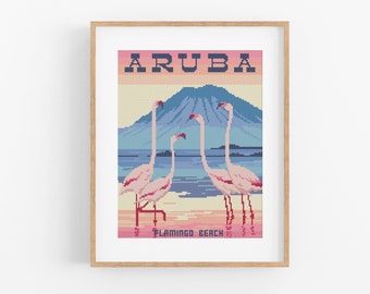 Vintage Travel Aruba Cross Stitch Pattern - Caribbean Cross Stitch Pattern PDF Instant Download. Flamingo Beach Island Cross Stitch Pattern