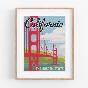 May include: A cross-stitch pattern of the Golden Gate Bridge in San Francisco, California. The pattern features a red bridge with a blue sky and white clouds. The text "California" and "The Golden State" are included in the pattern.
