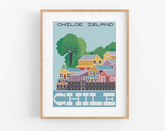Vintage Travel Chile Cross Stitch Pattern - South America Cross Stitch Pattern PDF Instant Download. Chiloe Island Cross Stitch Pattern