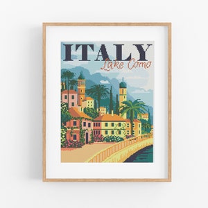 Vintage Travel &#39;Lake Como Cross Stitch Pattern - Vintage Style Italy Cross Stitch Pattern PDF Instant Download. Vintage Italian Travel Art