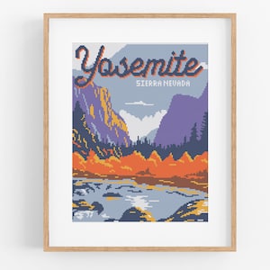 May include: A vintage-style illustration of Yosemite National Park in California. The image features a mountain range with a river in the foreground and the text "Yosemite, Sierra Nevada" at the top.