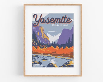 Vintage Travel 'Yosemite' Cross Stitch Pattern - Vintage Style Sierra Nevada Cross Stitch Pattern Instant Download. Vintage Travel Art