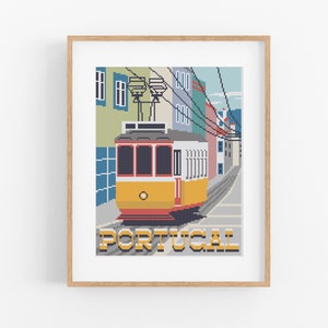 May include: A yellow and red vintage tram travels up a hill in a colorful cityscape. The word "PORTUGAL" is printed below the tram.