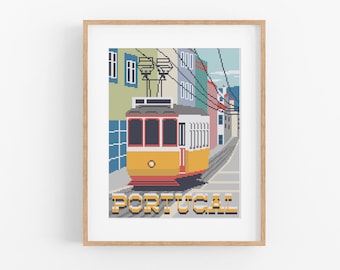 Vintage Travel Portugal Cross Stitch Pattern - Vintage Style Lisbon Cross Stitch Pattern PDF Instant Download. Porto, Tramway Portugese