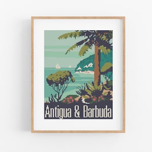Vintage Travel Antigua and Barbuda Cross Stitch Pattern - Caribbean Cross Stitch Pattern PDF Instant Download. Island Cross Stitch Pattern