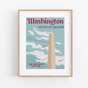 Pode incluir: Um pôster em estilo pixel art com fundo azul e branco apresentando o Monumento a Washington. O texto diz "Washington, Distrito de Colúmbia, Nossa Capital Nacional".