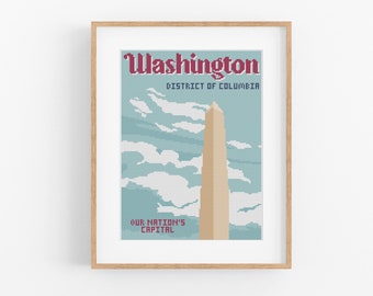 Vintage Travel 'Washington DC' Cross Stitch Pattern - Vintage Style Cross Stitch Pattern PDF Instant Download. Washington Monument, Memorial