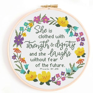 Christian Cross Stitch Pattern She is Clothed in Strength and Dignity Cross Stitch Pattern PDF Download. Bible Verse Proverbs 31 25 image 1