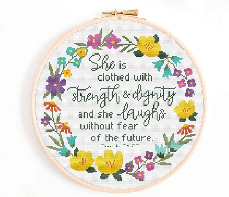 Christian Cross Stitch Pattern She is Clothed in Strength and Dignity Cross Stitch Pattern PDF Download. Bible Verse Proverbs 31 25 image 1