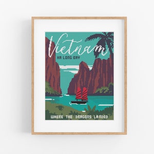 Vintage Travel Vietnam Cross Stitch Pattern - Asia Cross Stitch Pattern PDF Instant Download. Ha Long Bay Cross Stitch Pattern, Bedar Boat