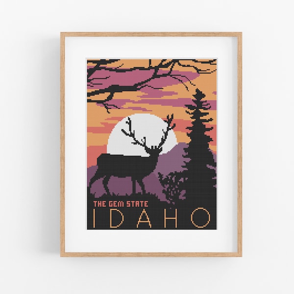 Vintage Travel 'Idaho' Cross Stitch Pattern - Vintage Style Cross Stitch Pattern PDF Instant Download. Idaho Longhorn Sheep Cross Stitch