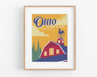 Vintage Travel 'Ohio' Cross Stitch Pattern - Vintage Style Ohio Red Barn Cross Stitch Pattern Instant Download. Vintage Travel Art