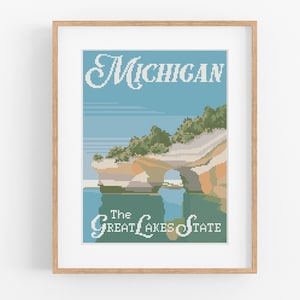 Vintage Travel &#39;Michigan&#39; Cross Stitch Pattern - Vintage Style Cross Stitch Pattern PDF Instant Download. The Great Lakes Cross Stitch