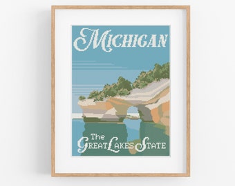 Vintage Travel 'Michigan' Cross Stitch Pattern - Vintage Style Cross Stitch Pattern PDF Instant Download. The Great Lakes Cross Stitch