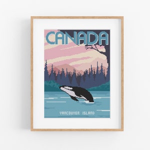 May include: A vintage-style travel poster featuring a blue, pink, and purple sunset over a dark forest. The text "CANADA" is in a bold, white font. A black and white orca whale leaps out of the water, with the text "VANCOUVER ISLAND" below.