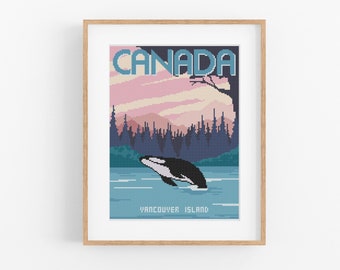 Vintage Travel Canada Cross Stitch Pattern - Vintage Style Vancouver Island Cross Stitch Pattern PDF Instant Download. Orca, Killer Whale