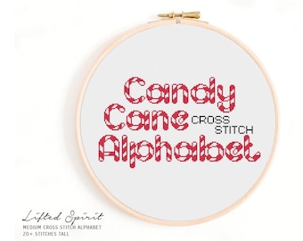 Xmas Candy Cane Cross Stitch Alphabet Pattern - Full Cross Stitch Alphabet - Christmas Medium-Sized Cross Stitch Font Pattern or Chart